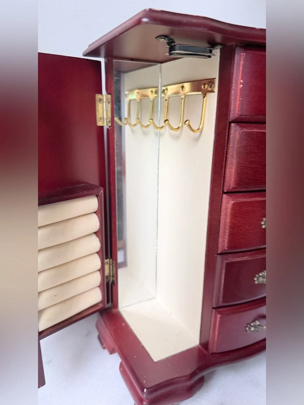 Wooden Jewelry Armoire Chest in Deep Red - Classic Storage Organizer